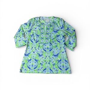 Gretchen Scott Designs Blue and Green Floral Top 3/4 Sleeves Stretch Size Medium